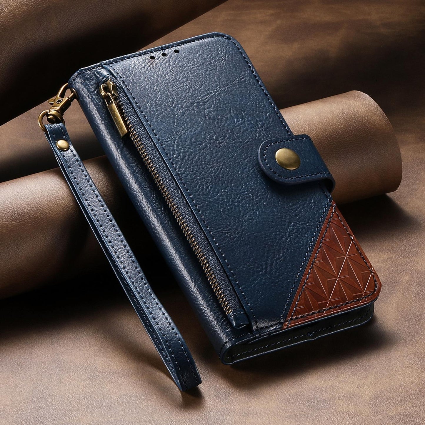 For Honor Play 80 Plus 5G Splicing Zipper Wallet Vegan Leather Phone Case with Strap(Blue)