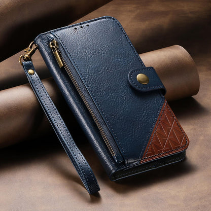 For Honor Play 80 Plus 5G Splicing Zipper Wallet Vegan Leather Phone Case with Strap(Blue)