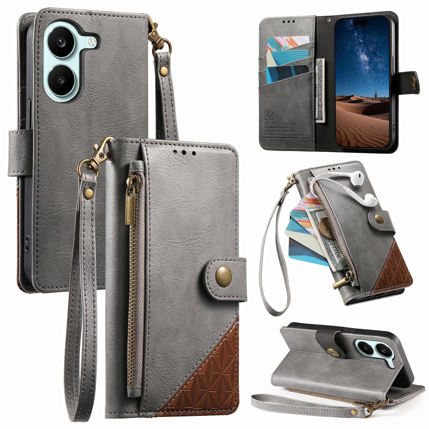 For Honor Play 80 Plus 5G Splicing Zipper Wallet Vegan Leather Phone Case with Strap(Gray)