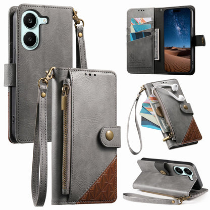 For Honor Play 80 Plus 5G Splicing Zipper Wallet Vegan Leather Phone Case with Strap(Gray)