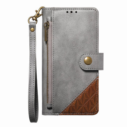For Honor Play 80 Plus 5G Splicing Zipper Wallet Vegan Leather Phone Case with Strap(Gray)