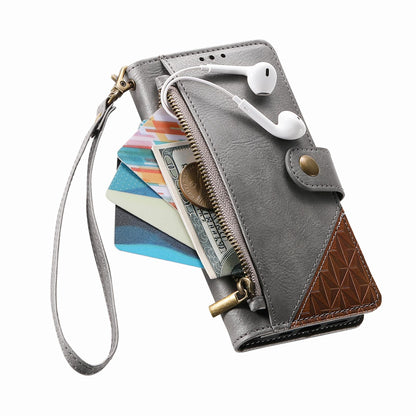 For Honor Play 80 Plus 5G Splicing Zipper Wallet Vegan Leather Phone Case with Strap(Gray)