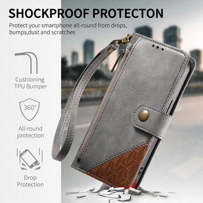 For Honor Play 80 Plus 5G Splicing Zipper Wallet Vegan Leather Phone Case with Strap(Gray)