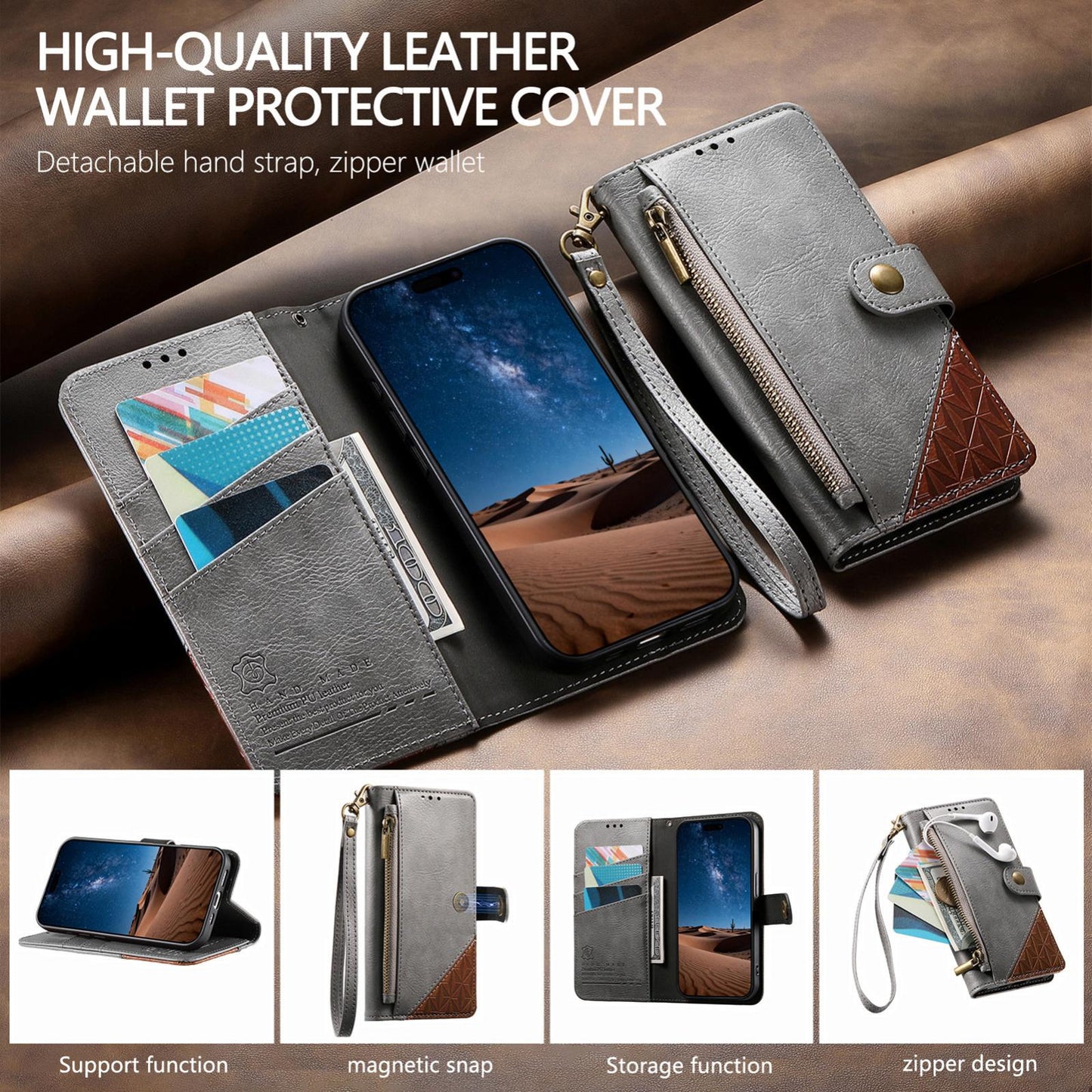 For Honor Play 80 Plus 5G Splicing Zipper Wallet Vegan Leather Phone Case with Strap(Gray)