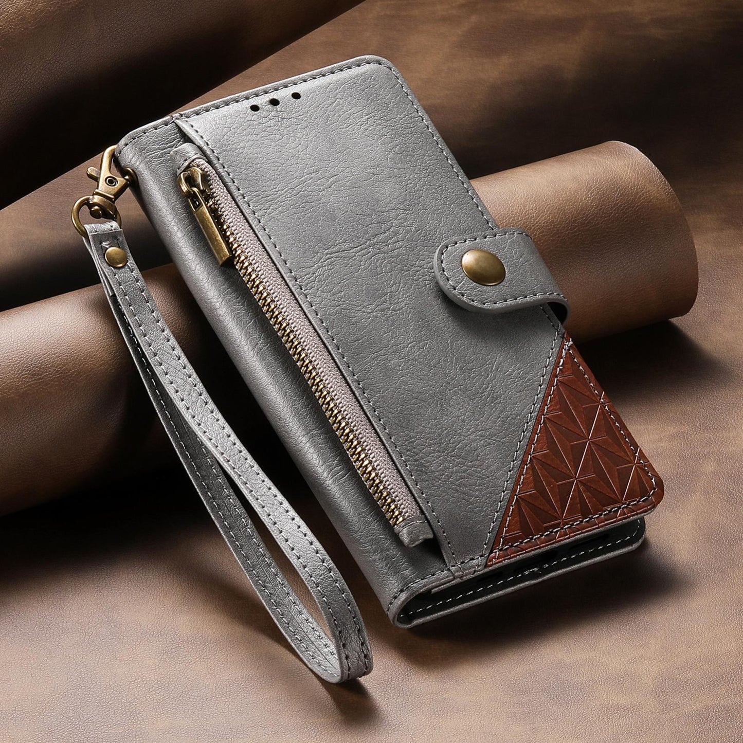For Honor Play 80 Plus 5G Splicing Zipper Wallet Vegan Leather Phone Case with Strap(Gray)