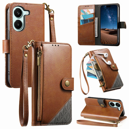 For Honor Play 80 Plus 5G Splicing Zipper Wallet Vegan Leather Phone Case with Strap(Brown)