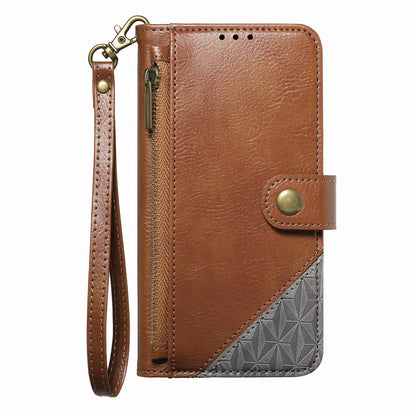 For Honor Play 80 Plus 5G Splicing Zipper Wallet Vegan Leather Phone Case with Strap(Brown)