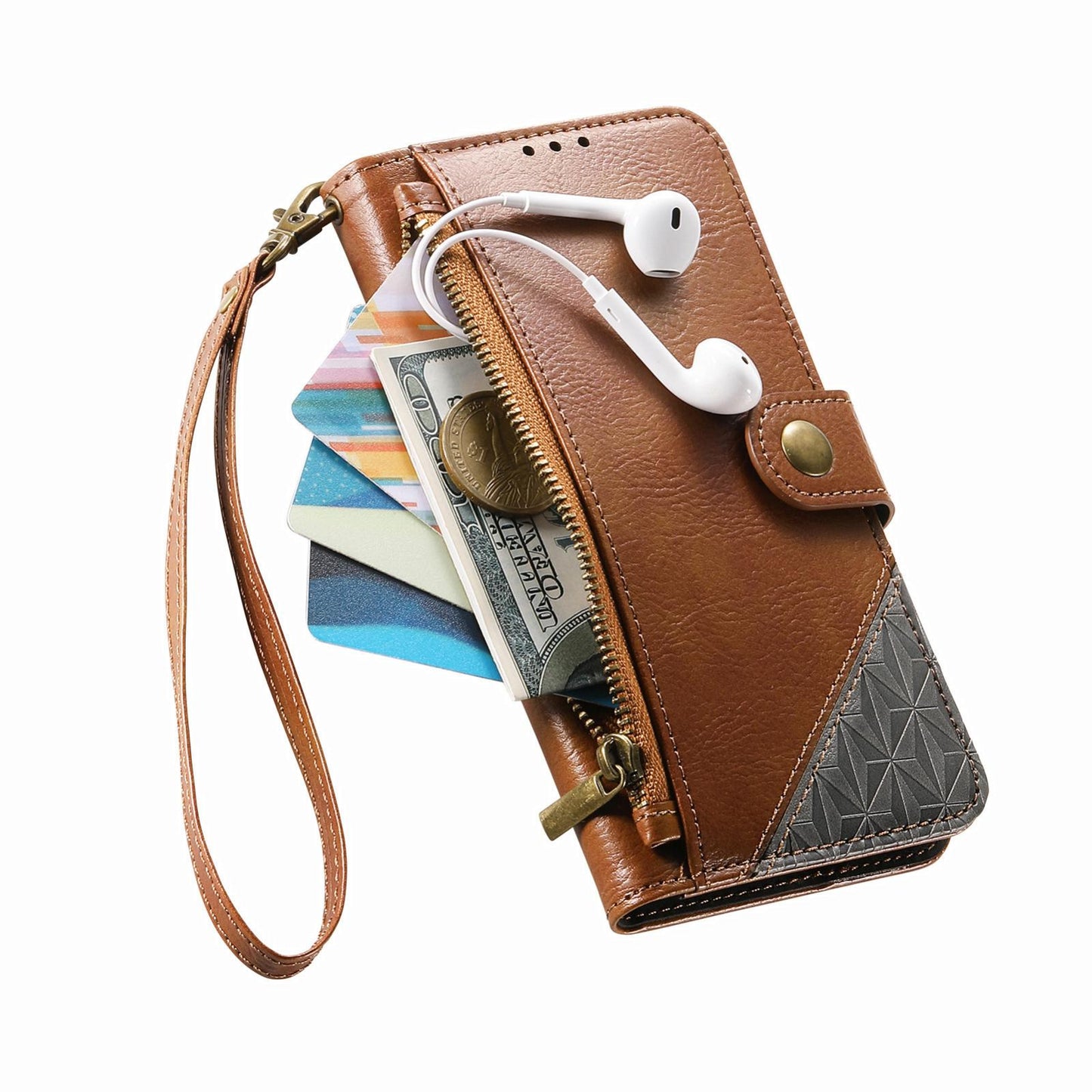 For Honor Play 80 Plus 5G Splicing Zipper Wallet Vegan Leather Phone Case with Strap(Brown)