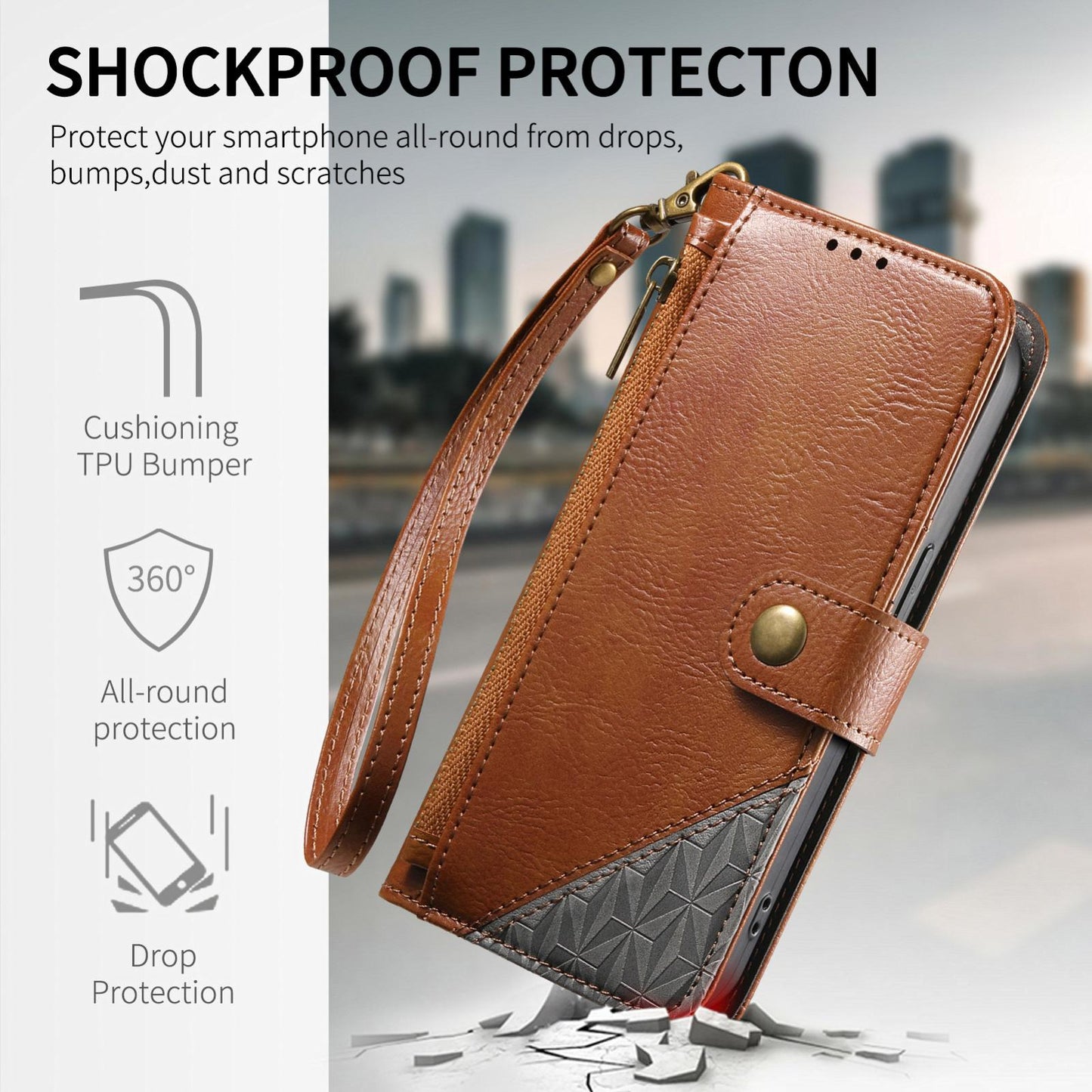 For Honor Play 80 Plus 5G Splicing Zipper Wallet Vegan Leather Phone Case with Strap(Brown)