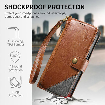 For Honor Play 80 Plus 5G Splicing Zipper Wallet Vegan Leather Phone Case with Strap(Brown)