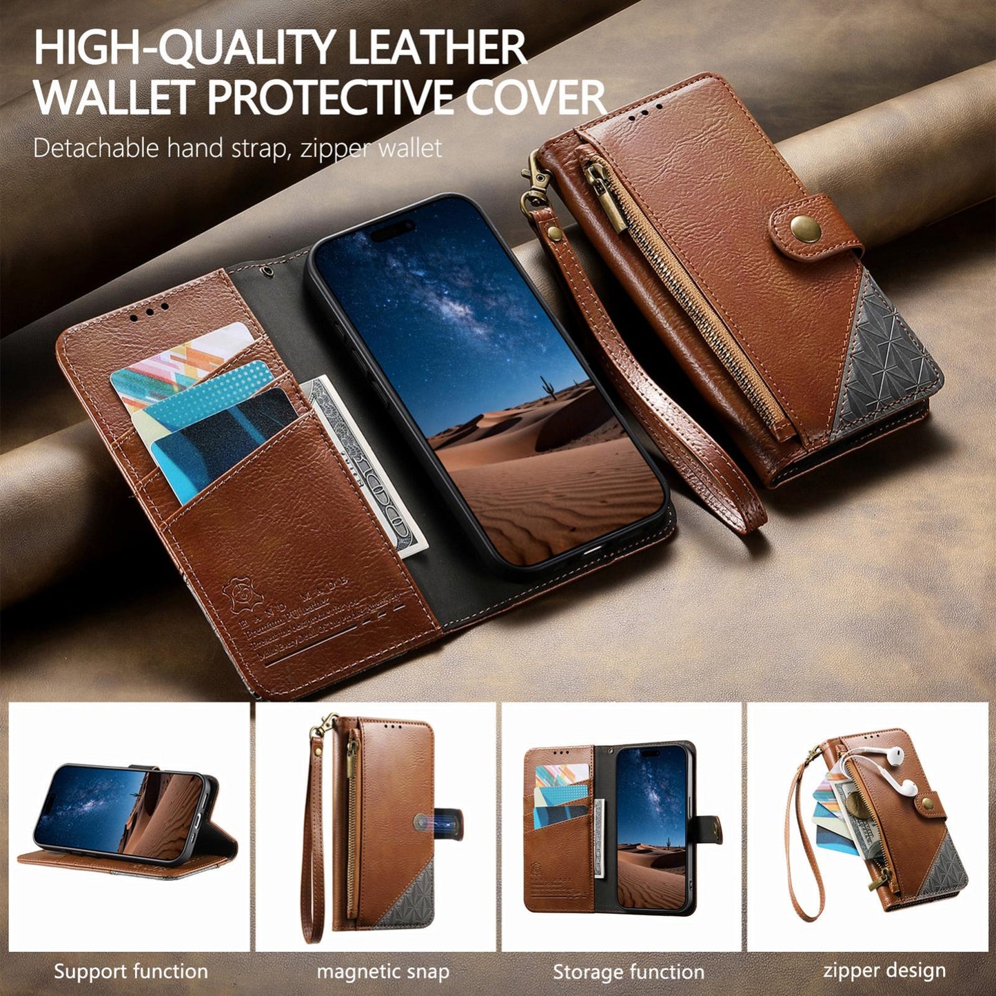 For Honor Play 80 Plus 5G Splicing Zipper Wallet Vegan Leather Phone Case with Strap(Brown)