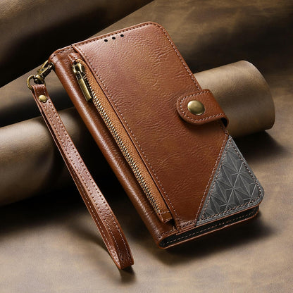 For Honor Play 80 Plus 5G Splicing Zipper Wallet Vegan Leather Phone Case with Strap(Brown)