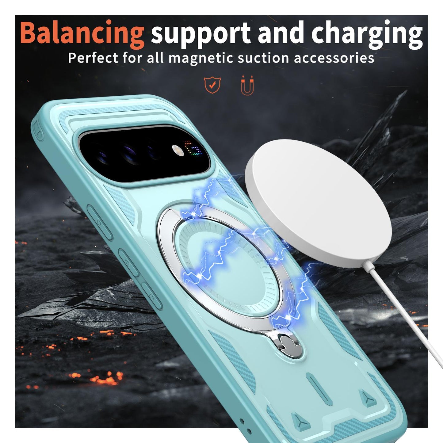 For Google Pixel 11 Pro Kalebol PC Hybrid TPU Armor MagSafe Ring Holder Phone Case(Tiffany Blue)