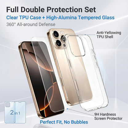 2 in 1 Set Clear TPU Phone Case with High Alumina Tempered Glass Film For iPhone 16 Pro Max