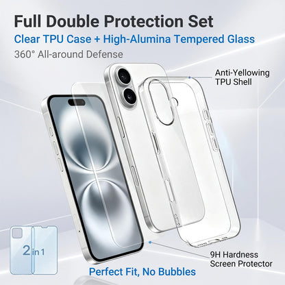 2 in 1 Set Clear TPU Phone Case with High Alumina Tempered Glass Film For iPhone 16 Plus