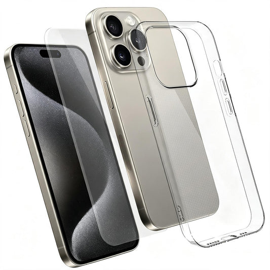 2 in 1 Set Clear TPU Phone Case with High Alumina Tempered Glass Film For iPhone 15 Pro
