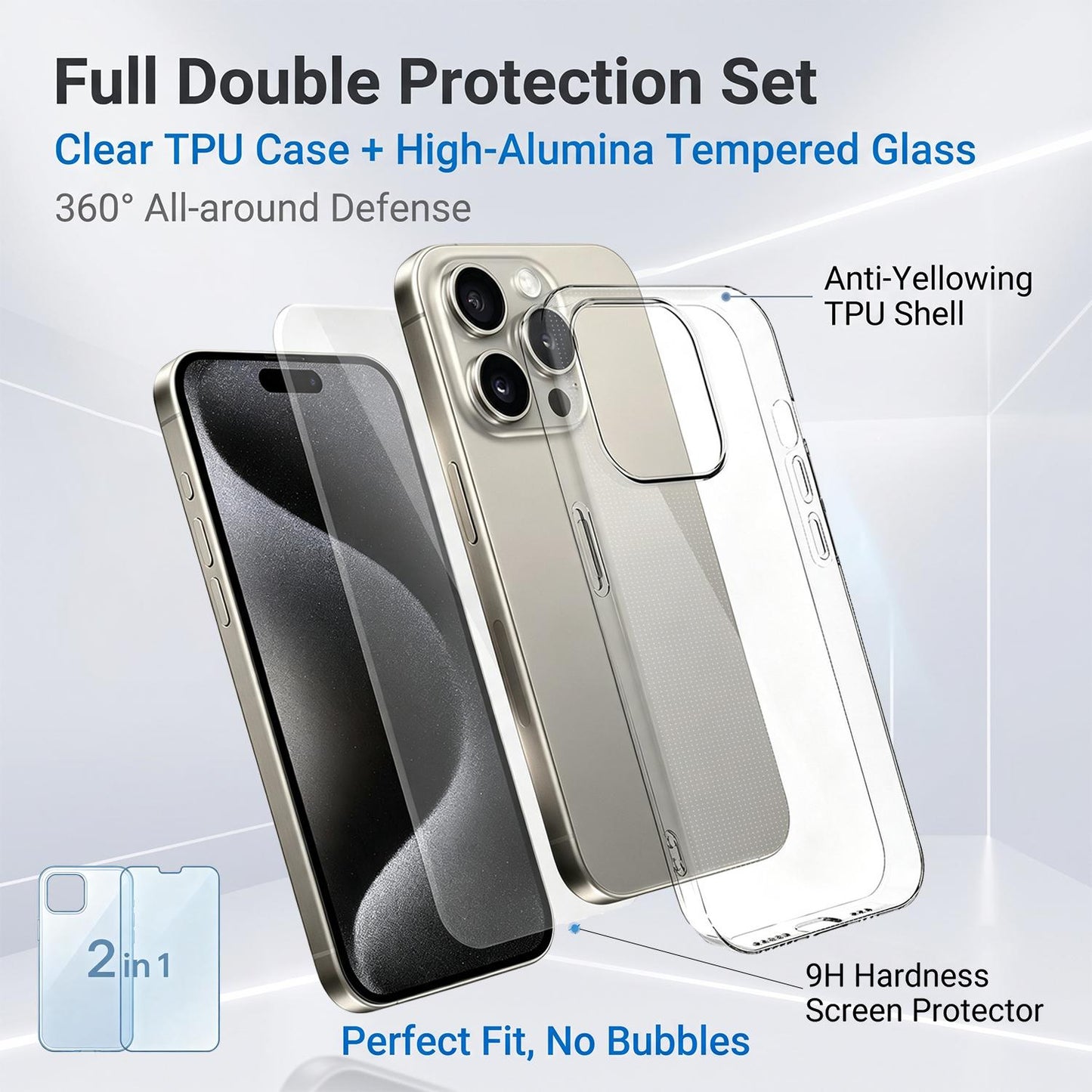 2 in 1 Set Clear TPU Phone Case with High Alumina Tempered Glass Film For iPhone 15 Pro