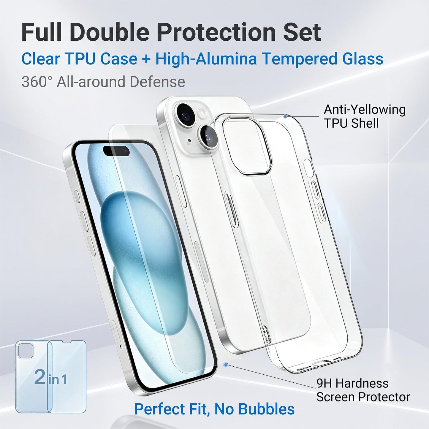 2 in 1 Set Clear TPU Phone Case with High Alumina Tempered Glass Film For iPhone 15