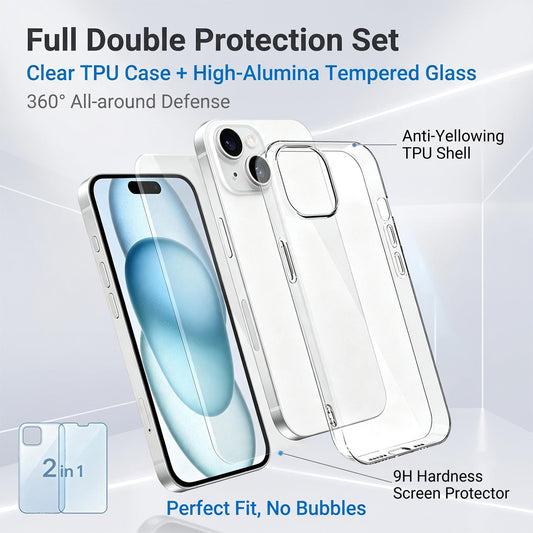 2 in 1 Set Clear TPU Phone Case with High Alumina Tempered Glass Film For iPhone 15