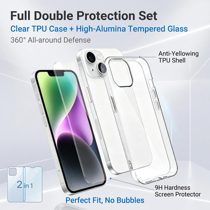 2 in 1 Set Clear TPU Phone Case with High Alumina Tempered Glass Film For iPhone 14