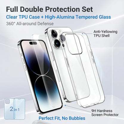 2 in 1 Set Clear TPU Phone Case with High Alumina Tempered Glass Film For iPhone 14 Pro
