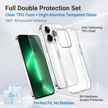 2 in 1 Set Clear TPU Phone Case with High Alumina Tempered Glass Film For iPhone 13 Pro Max