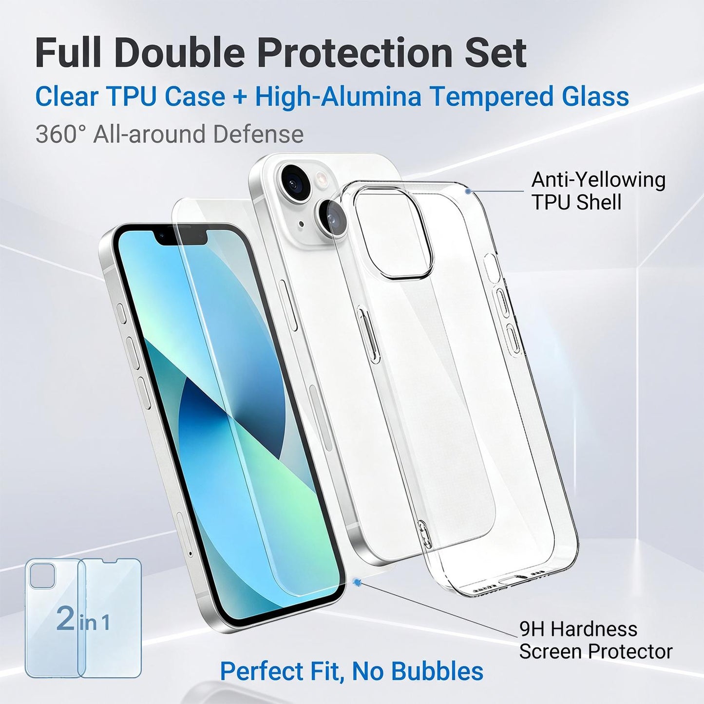 2 in 1 Set Clear TPU Phone Case with High Alumina Tempered Glass Film For iPhone 13