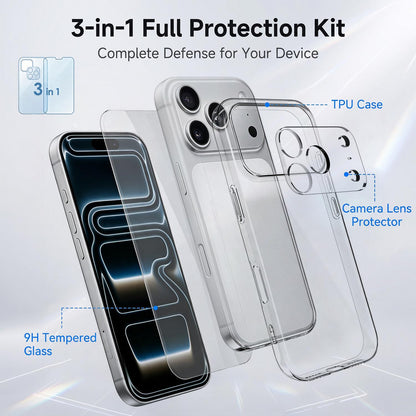 3 in 1 Set Clear TPU Phone Case with High Alumina Tempered Glass Film + Lens Protector For iPhone 18 Pro