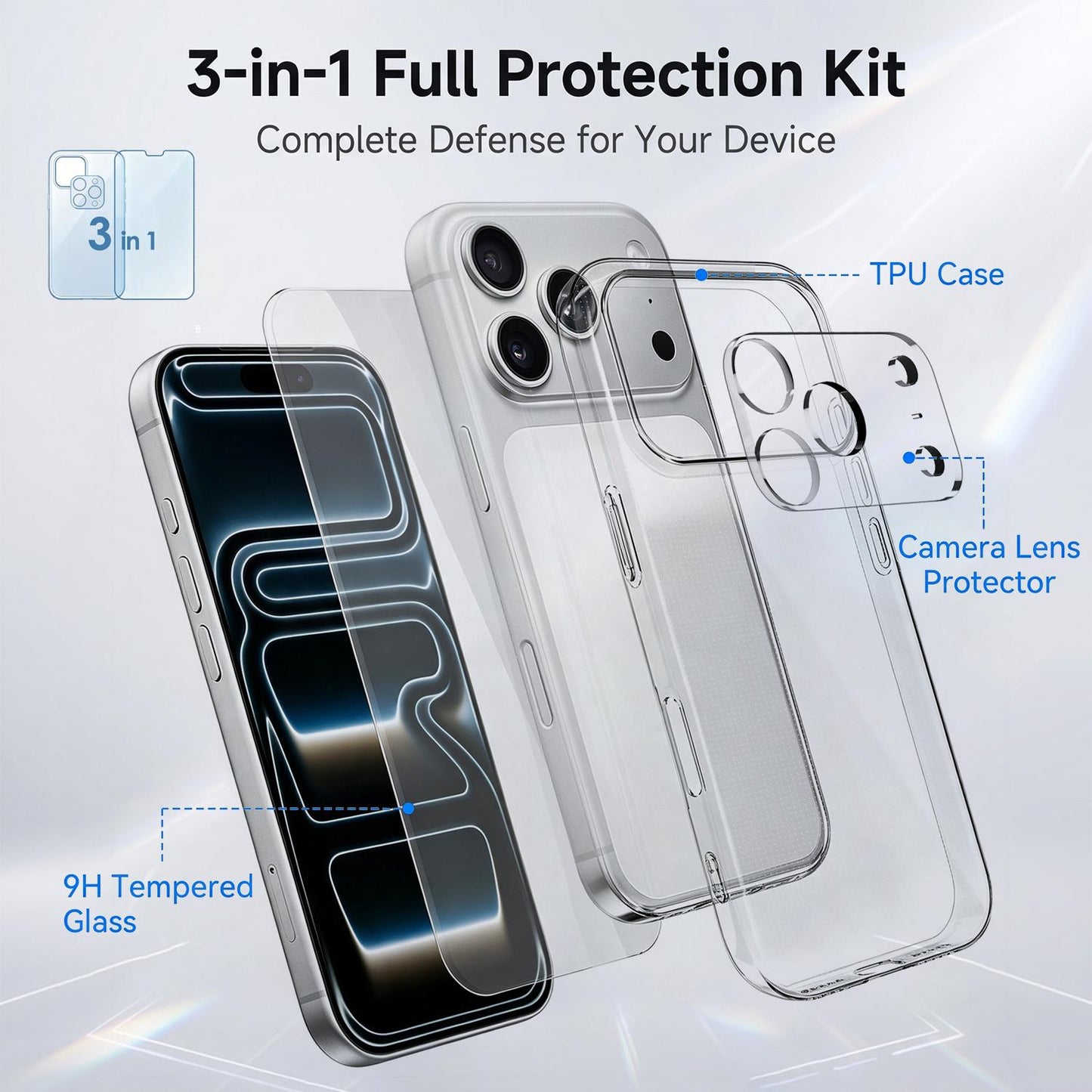 3 in 1 Set Clear TPU Phone Case with High Alumina Tempered Glass Film + Lens Protector For iPhone 18 Pro Max