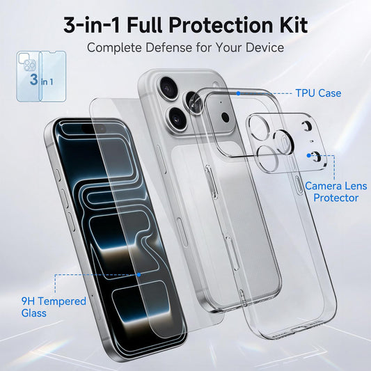 3 in 1 Set Clear TPU Phone Case with High Alumina Tempered Glass Film + Lens Protector For iPhone 18 Pro Max