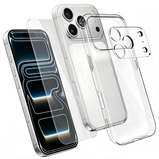 3 in 1 Set Clear TPU Phone Case with High Alumina Tempered Glass Film + Lens Protector For iPhone 17 Pro