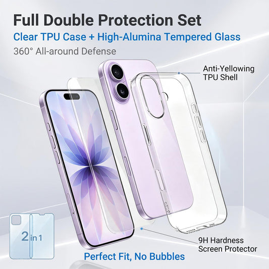 3 in 1 Set Clear TPU Phone Case with High Alumina Tempered Glass Film + Lens Protector For iPhone 17
