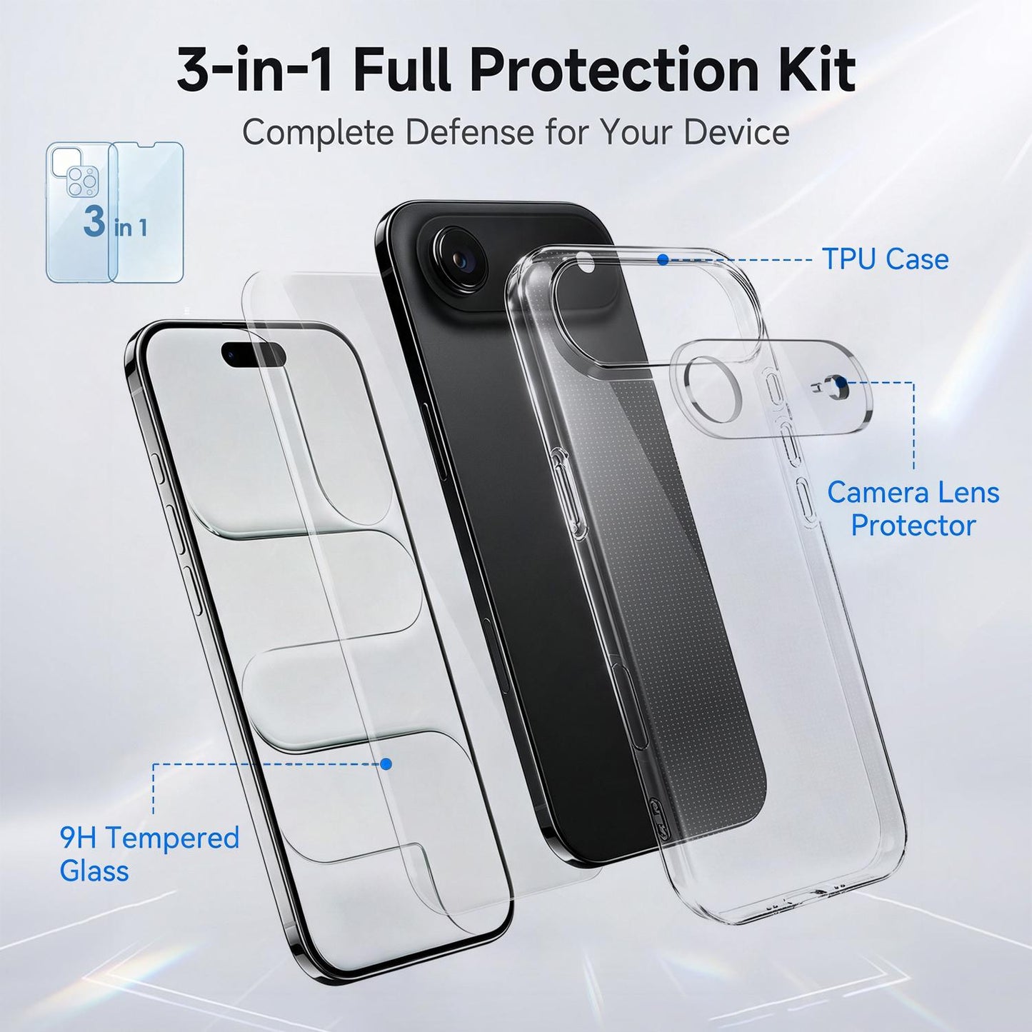 3 in 1 Set Clear TPU Phone Case with High Alumina Tempered Glass Film + Lens Protector For iPhone Air