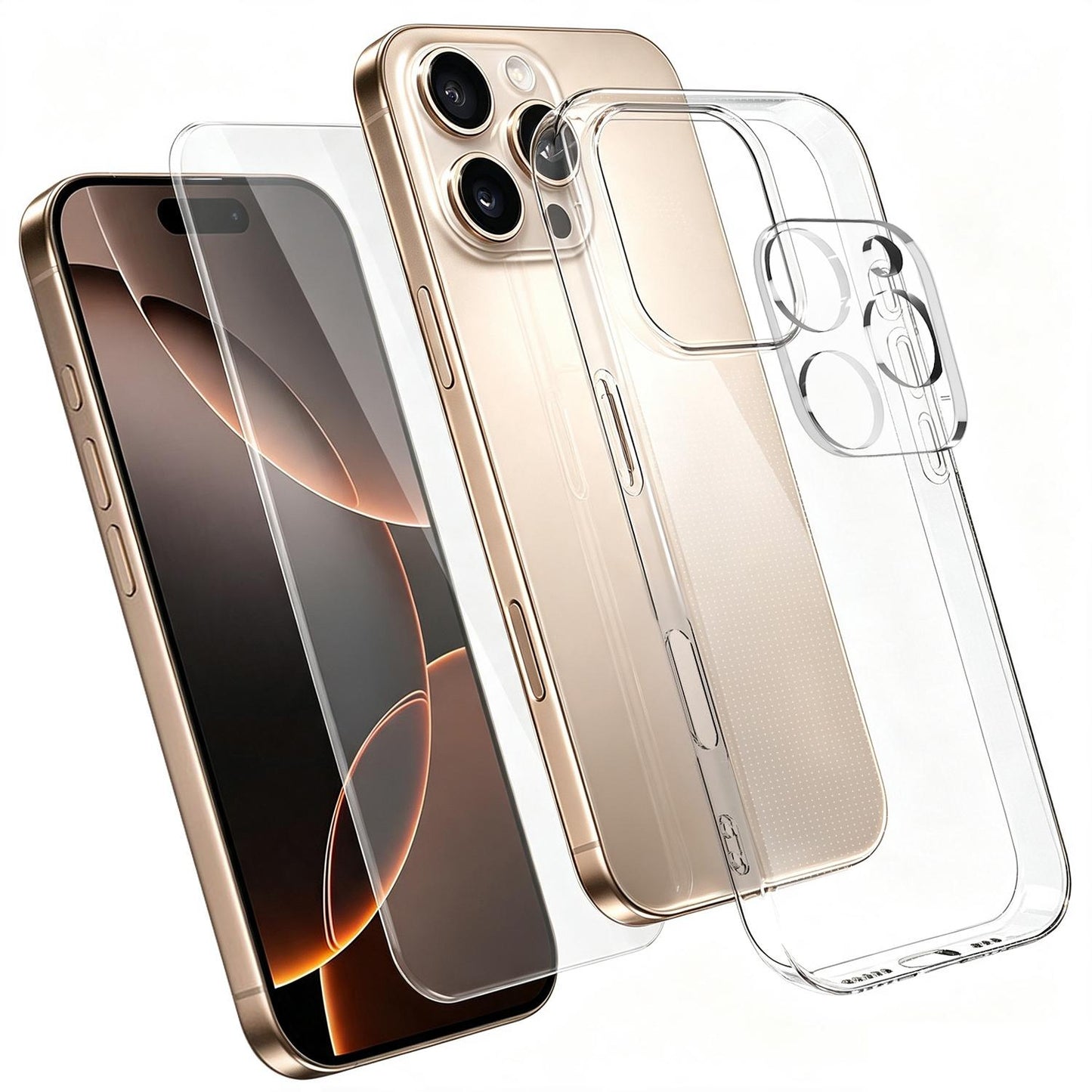 3 in 1 Set Clear TPU Phone Case with High Alumina Tempered Glass Film + Lens Protector For iPhone 16 Pro
