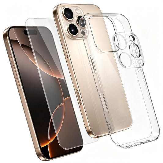 3 in 1 Set Clear TPU Phone Case with High Alumina Tempered Glass Film + Lens Protector For iPhone 16 Pro