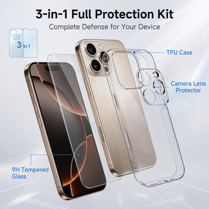 3 in 1 Set Clear TPU Phone Case with High Alumina Tempered Glass Film + Lens Protector For iPhone 16 Pro