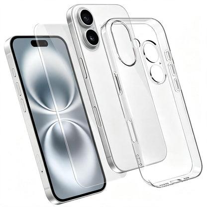 3 in 1 Set Clear TPU Phone Case with High Alumina Tempered Glass Film + Lens Protector For iPhone 16 Plus