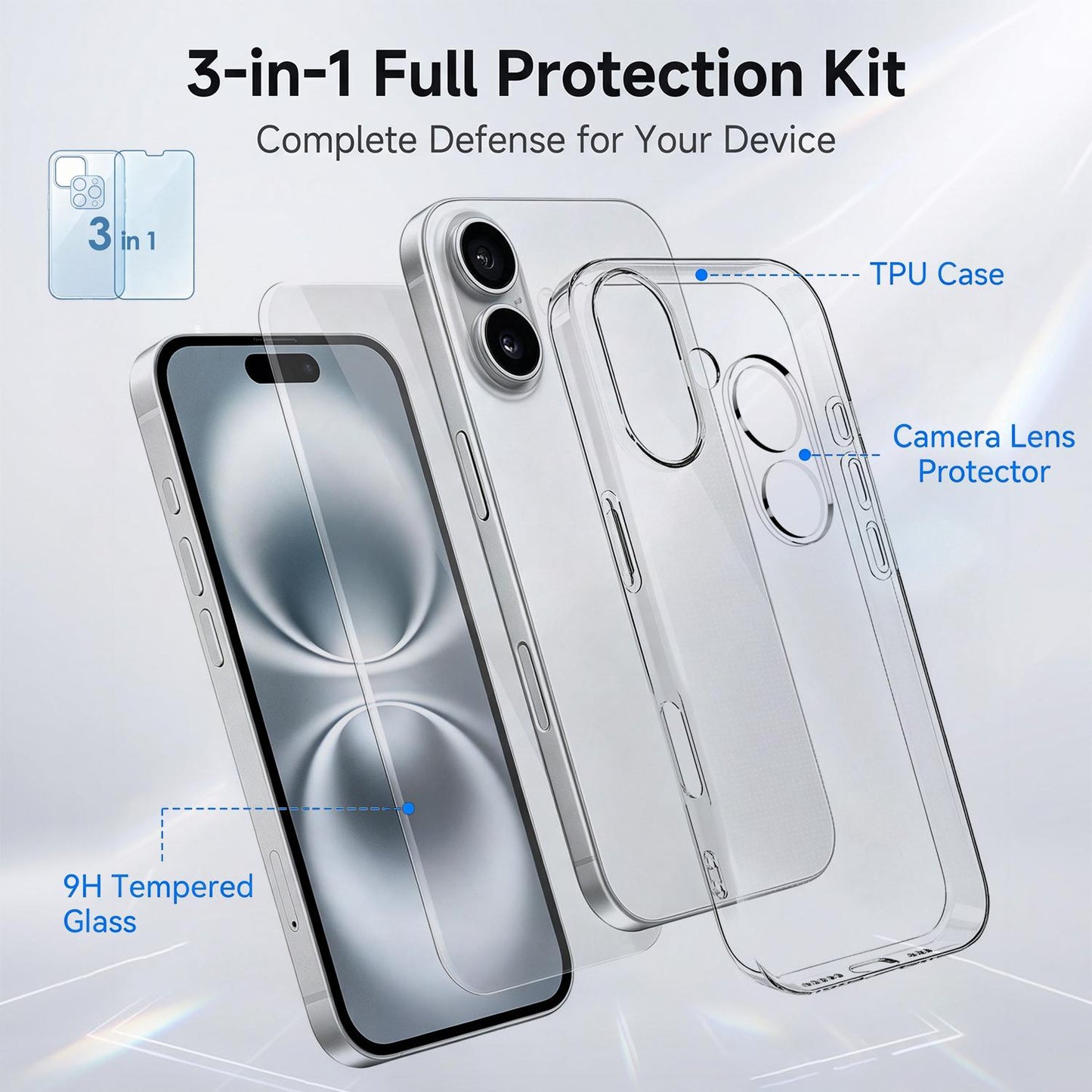 3 in 1 Set Clear TPU Phone Case with High Alumina Tempered Glass Film + Lens Protector For iPhone 16 Plus
