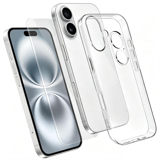 3 in 1 Set Clear TPU Phone Case with High Alumina Tempered Glass Film + Lens Protector For iPhone 16