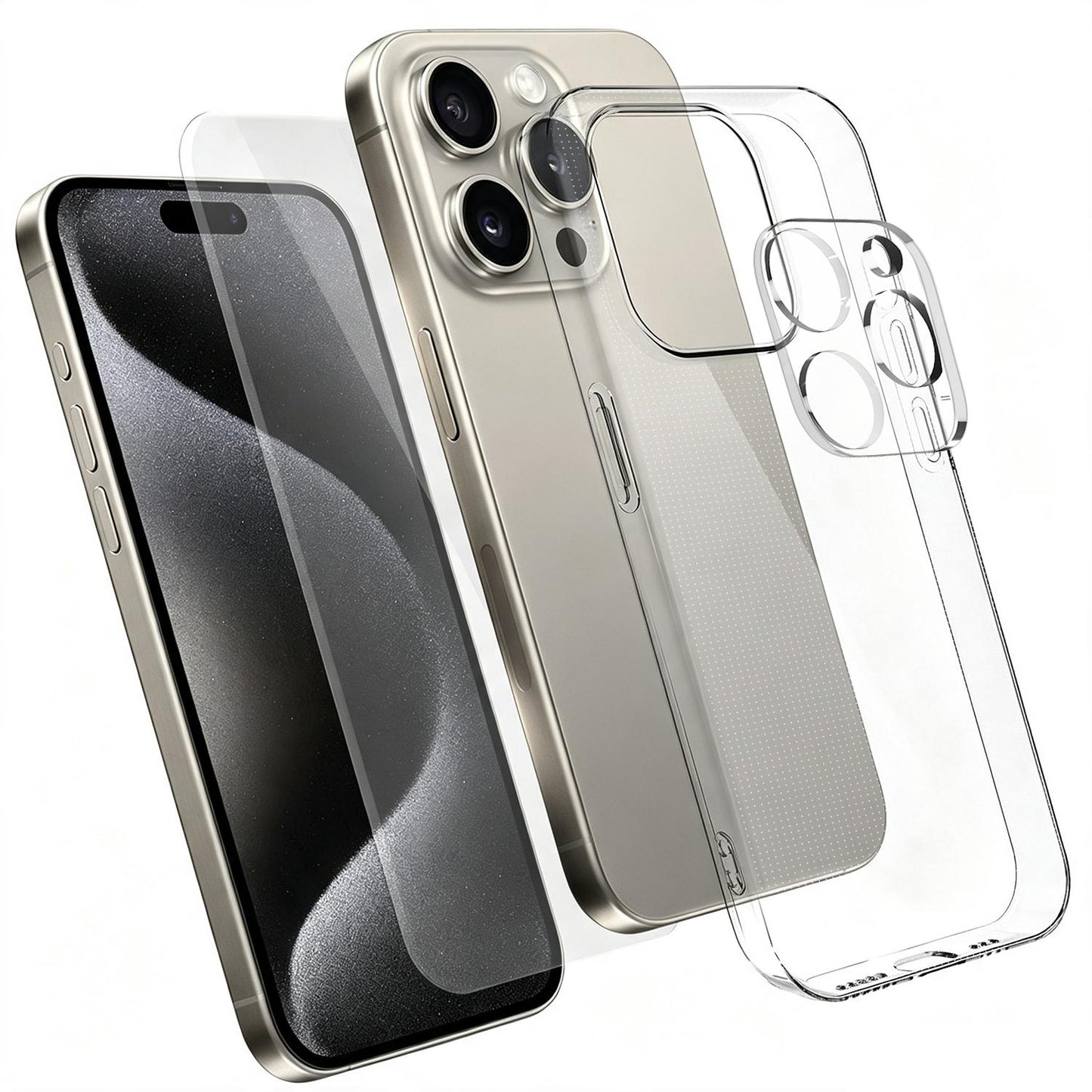 3 in 1 Set Clear TPU Phone Case with High Alumina Tempered Glass Film + Lens Protector For iPhone 15 Pro Max