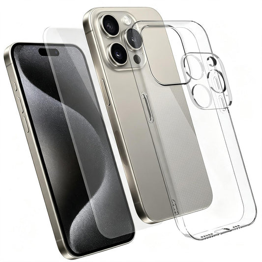 3 in 1 Set Clear TPU Phone Case with High Alumina Tempered Glass Film + Lens Protector For iPhone 15 Pro Max