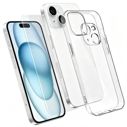 3 in 1 Set Clear TPU Phone Case with High Alumina Tempered Glass Film + Lens Protector For iPhone 15 Plus