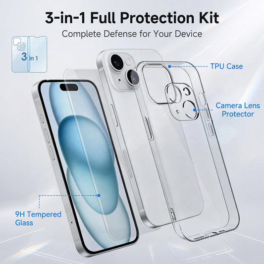 3 in 1 Set Clear TPU Phone Case with High Alumina Tempered Glass Film + Lens Protector For iPhone 15 Plus