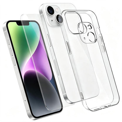 3 in 1 Set Clear TPU Phone Case with High Alumina Tempered Glass Film + Lens Protector For iPhone 14
