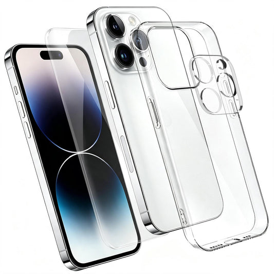 3 in 1 Set Clear TPU Phone Case with High Alumina Tempered Glass Film + Lens Protector For iPhone 14 Pro Max