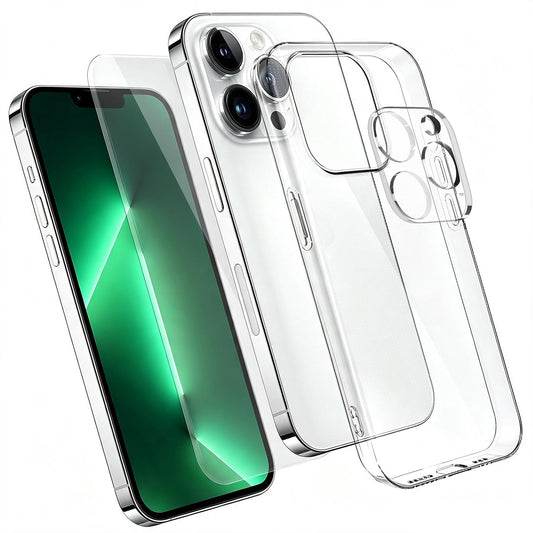 3 in 1 Set Clear TPU Phone Case with High Alumina Tempered Glass Film + Lens Protector For iPhone 13 Pro Max