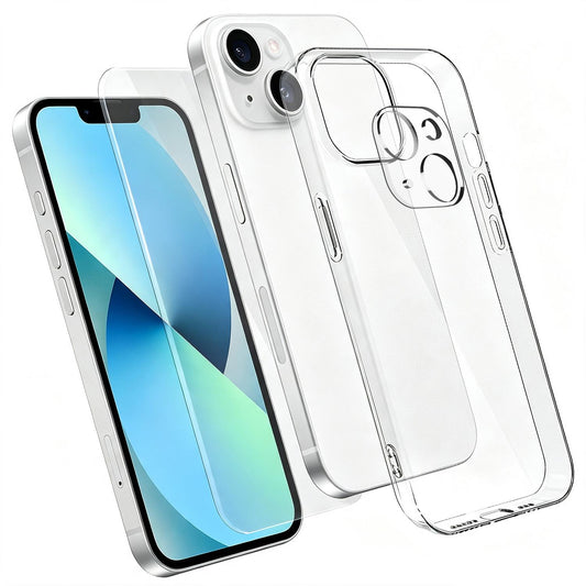 3 in 1 Set Clear TPU Phone Case with High Alumina Tempered Glass Film + Lens Protector For iPhone 13