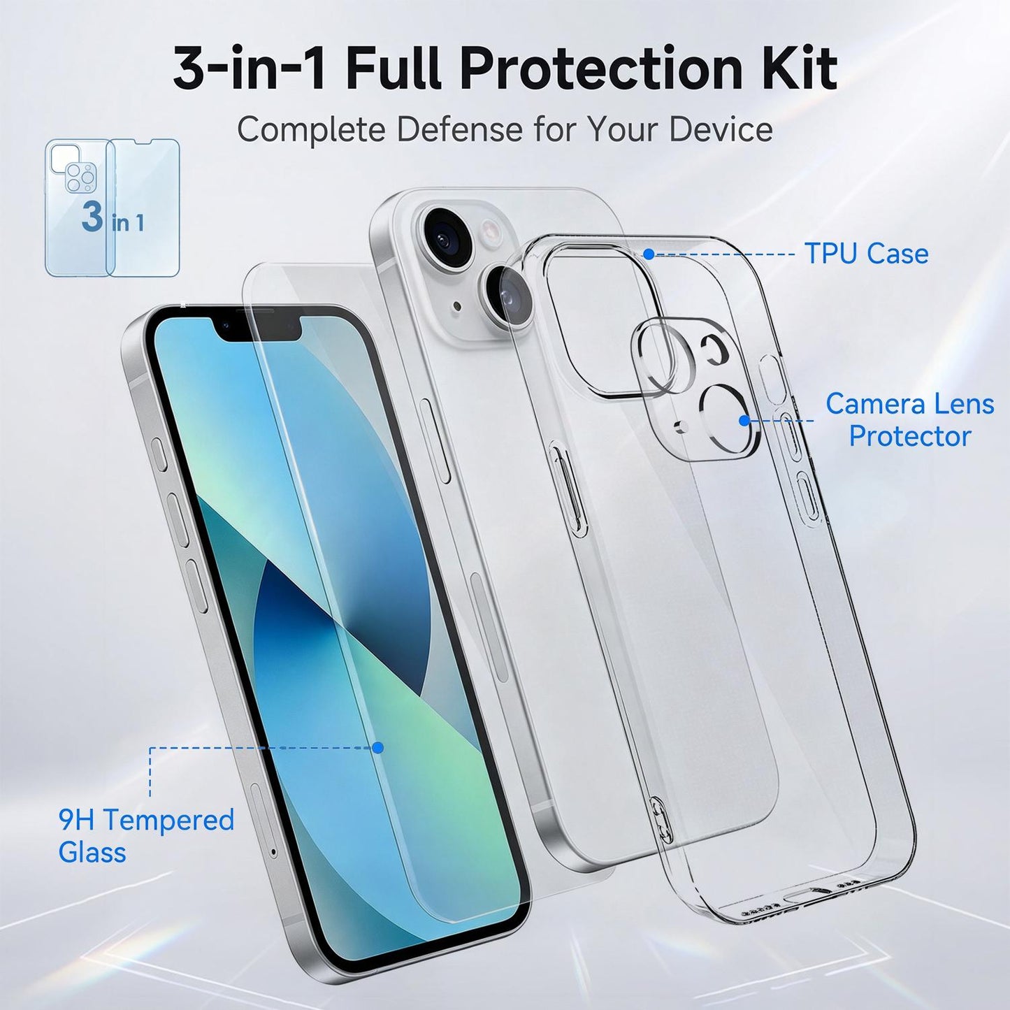 3 in 1 Set Clear TPU Phone Case with High Alumina Tempered Glass Film + Lens Protector For iPhone 13
