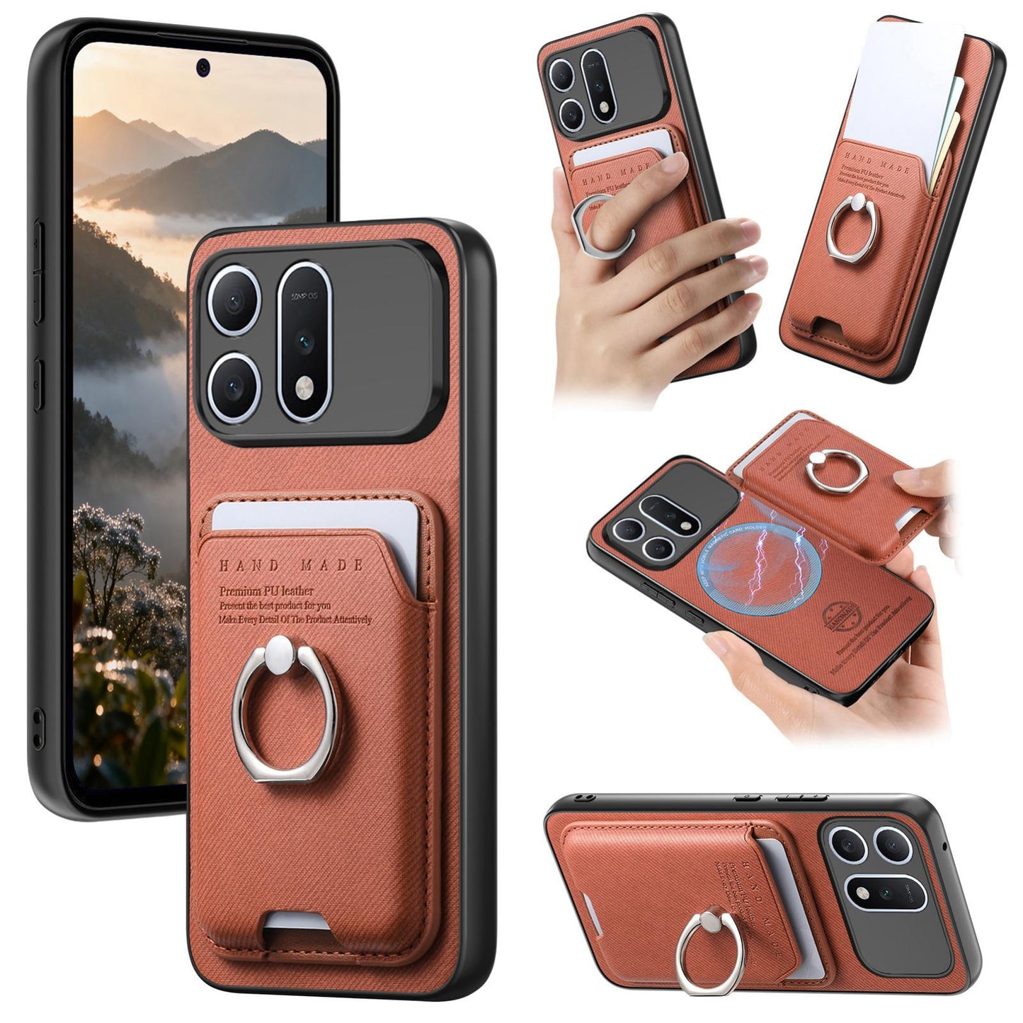For Honor Win Turbo 5G Twill Fabric Card Bag Ring Magnetic Back Phone Case(Brown)