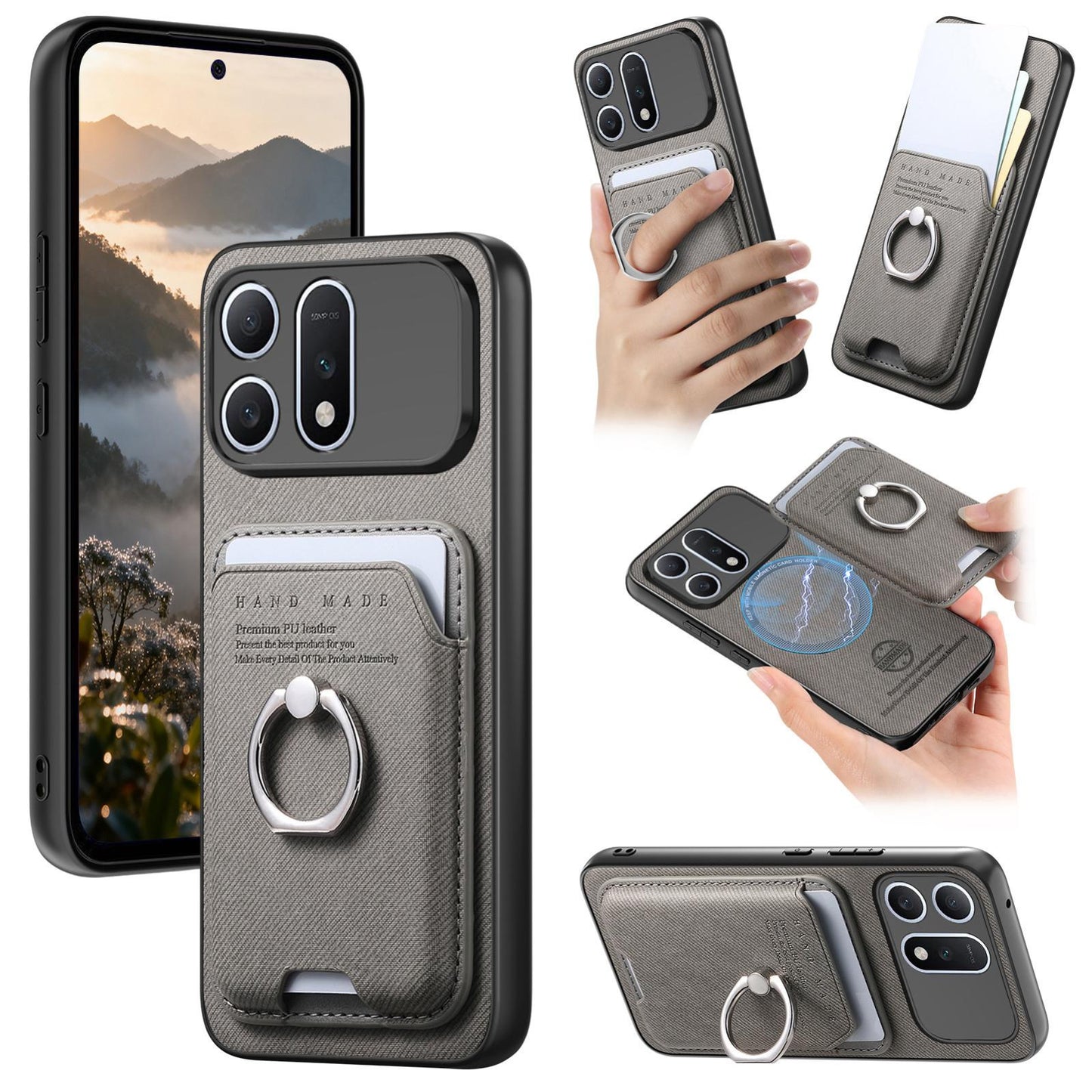 For Honor Win Turbo 5G Twill Fabric Card Bag Ring Magnetic Back Phone Case(Gray)